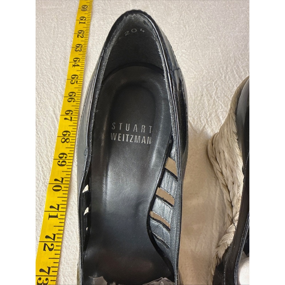 Stuart Weitzman Wedge Sandals Womens 6.5 Black Patent Espadrille Caged Peep Toe - Picture 3 of 11